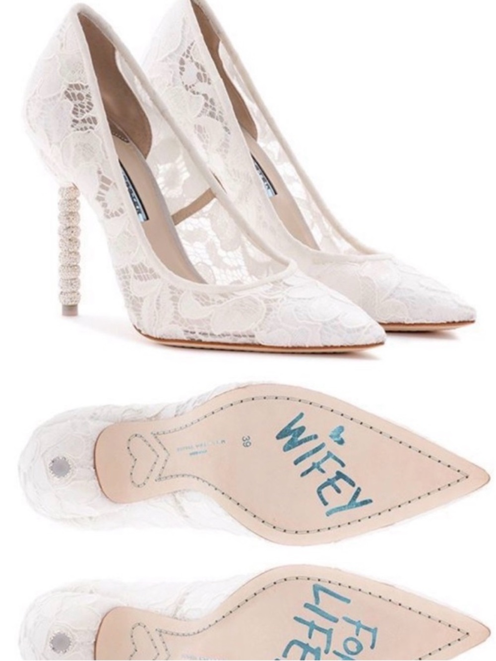 Sophia Webster White Lace Pointed-Toe Pumps with Beaded Heel